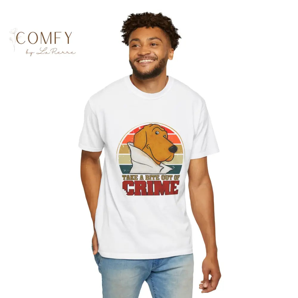 Retro Crime Dog Shirt • Vintage Crime Prevention Tee • 80s Style Mascot Graphic T-Shirt • Nostalgic Crime Dog Shirt