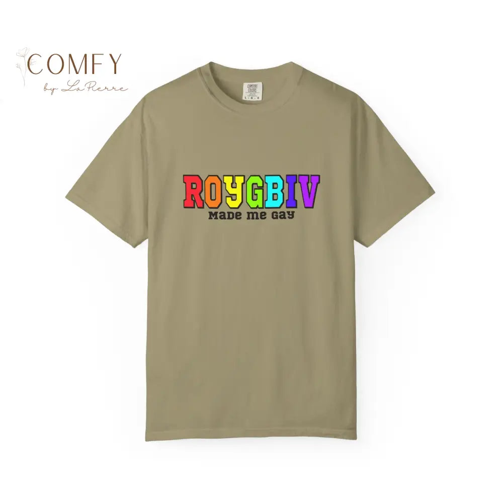 ROYGBIV Made Me Gay T-shirt — Rainbow Pride Graphic Tee (S-4XL) Khaki / S T-Shirt