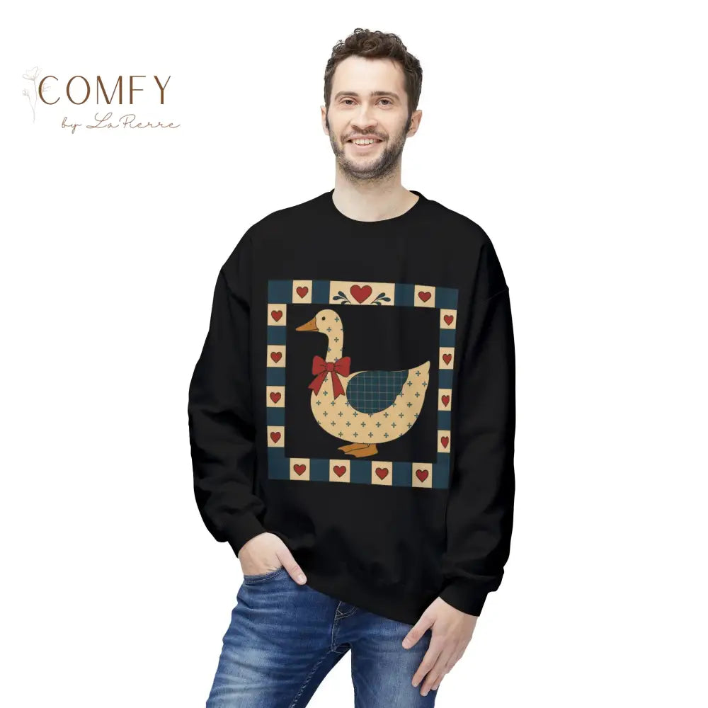 Vintage Folk Art Duck Sweatshirt • Patchwork Heart Duck Crewneck • Retro Country Cottagecore Pullover • Unisex Fleece