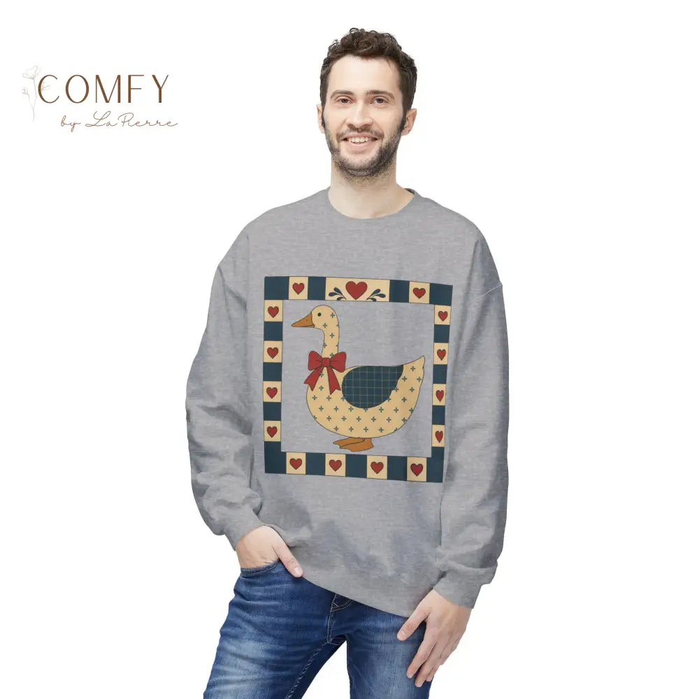 Vintage Folk Art Duck Sweatshirt • Patchwork Heart Duck Crewneck • Retro Country Cottagecore Pullover • Unisex Fleece