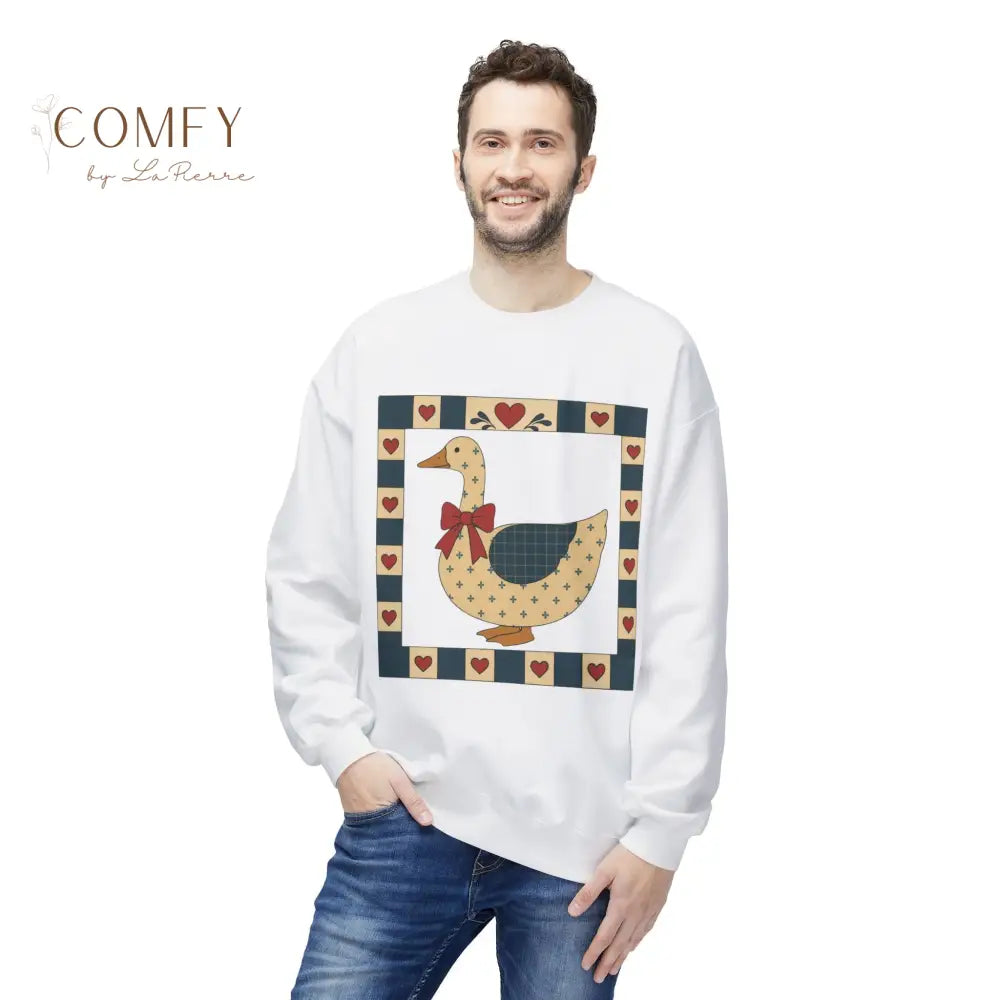 Vintage Folk Art Duck Sweatshirt • Patchwork Heart Duck Crewneck • Retro Country Cottagecore Pullover • Unisex Fleece