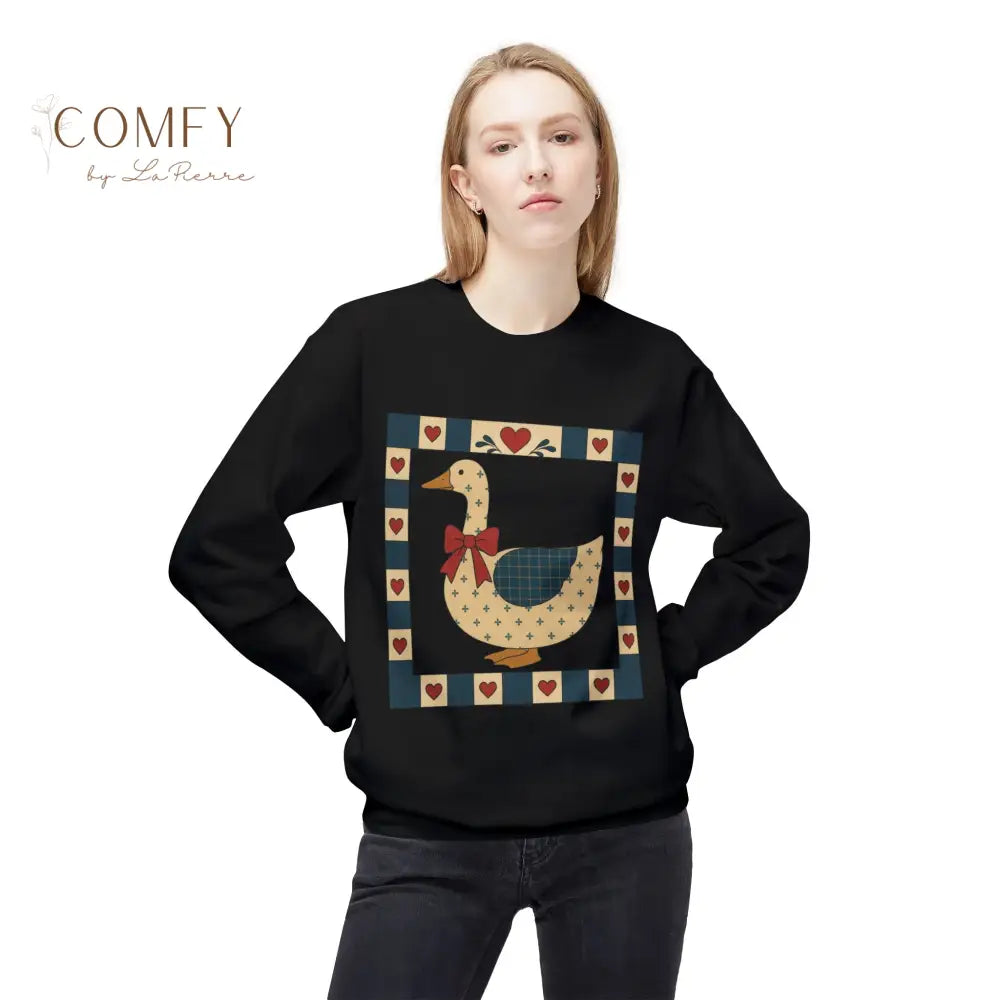 Vintage Folk Art Duck Sweatshirt • Patchwork Heart Duck Crewneck • Retro Country Cottagecore Pullover • Unisex Fleece