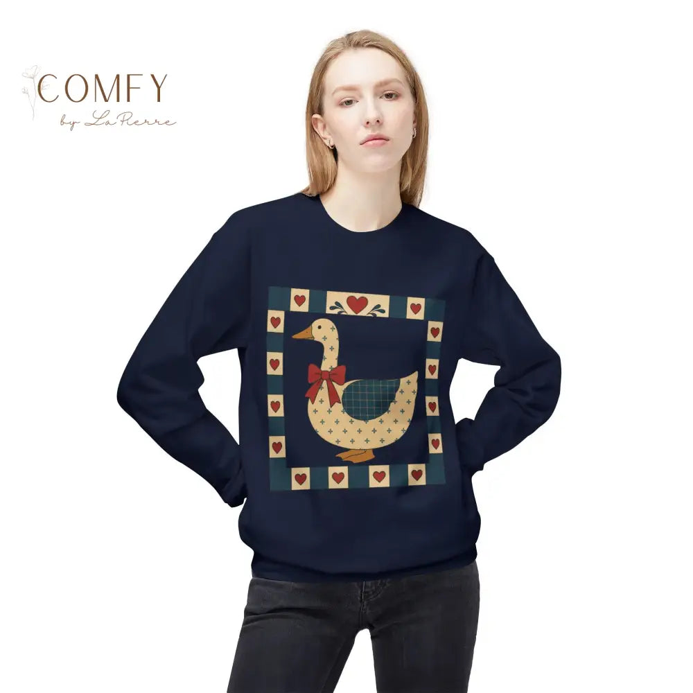 Vintage Folk Art Duck Sweatshirt • Patchwork Heart Duck Crewneck • Retro Country Cottagecore Pullover • Unisex Fleece