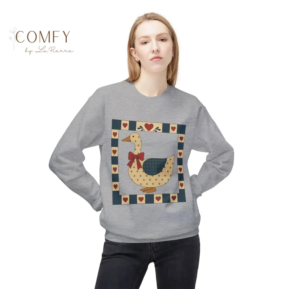 Vintage Folk Art Duck Sweatshirt • Patchwork Heart Duck Crewneck • Retro Country Cottagecore Pullover • Unisex Fleece