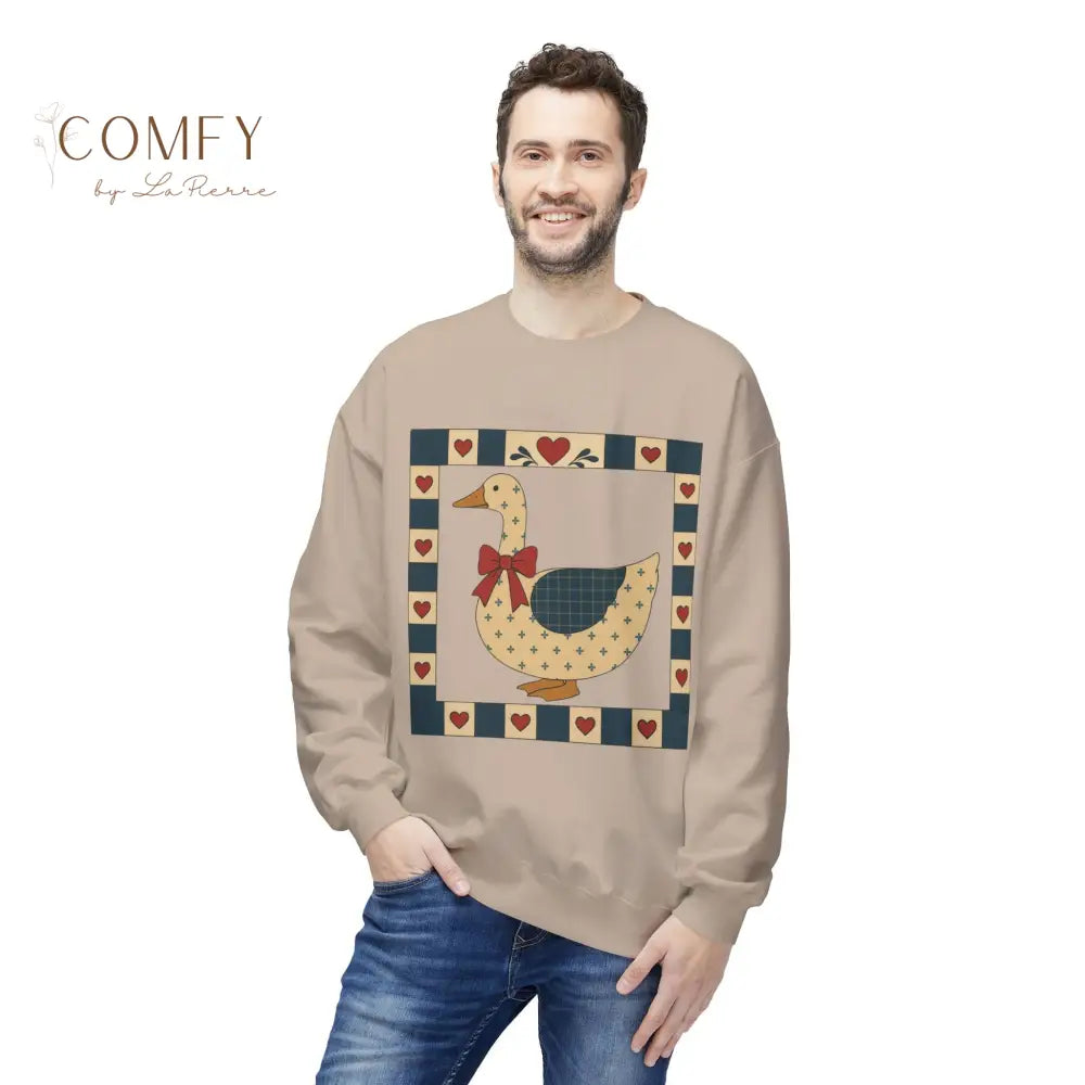 Vintage Folk Art Duck Sweatshirt • Patchwork Heart Duck Crewneck • Retro Country Cottagecore Pullover • Unisex Fleece