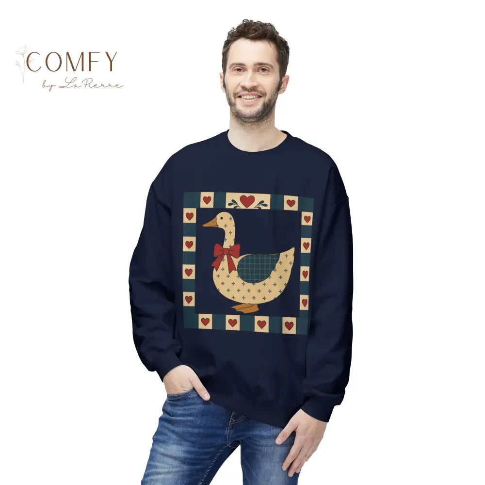 Vintage Folk Art Duck Sweatshirt • Patchwork Heart Duck Crewneck • Retro Country Cottagecore Pullover • Unisex Fleece