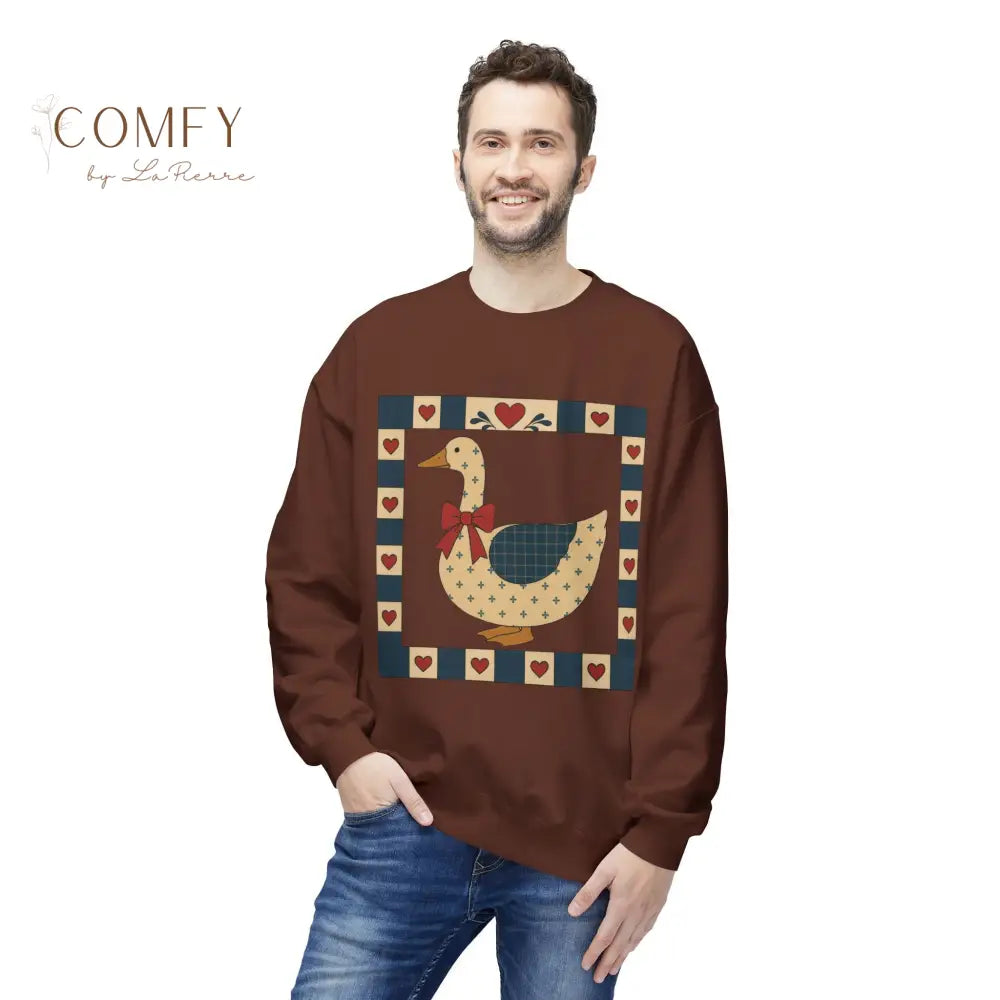 Vintage Folk Art Duck Sweatshirt • Patchwork Heart Duck Crewneck • Retro Country Cottagecore Pullover • Unisex Fleece