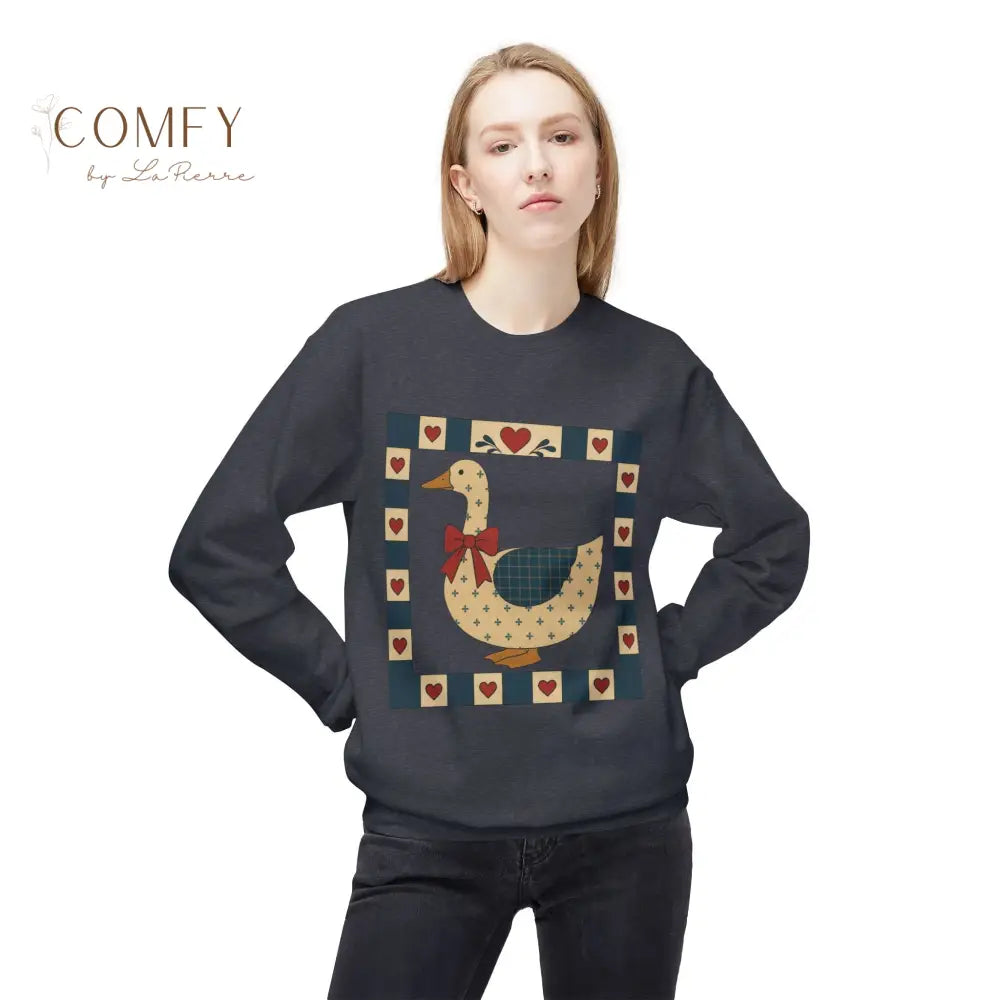 Vintage Folk Art Duck Sweatshirt • Patchwork Heart Duck Crewneck • Retro Country Cottagecore Pullover • Unisex Fleece