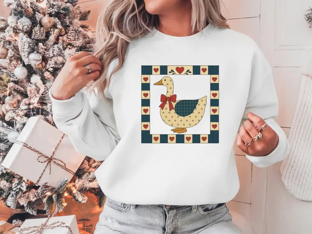 Vintage Folk Art Duck Sweatshirt • Patchwork Heart Duck Crewneck • Retro Country Cottagecore Pullover • Unisex Fleece
