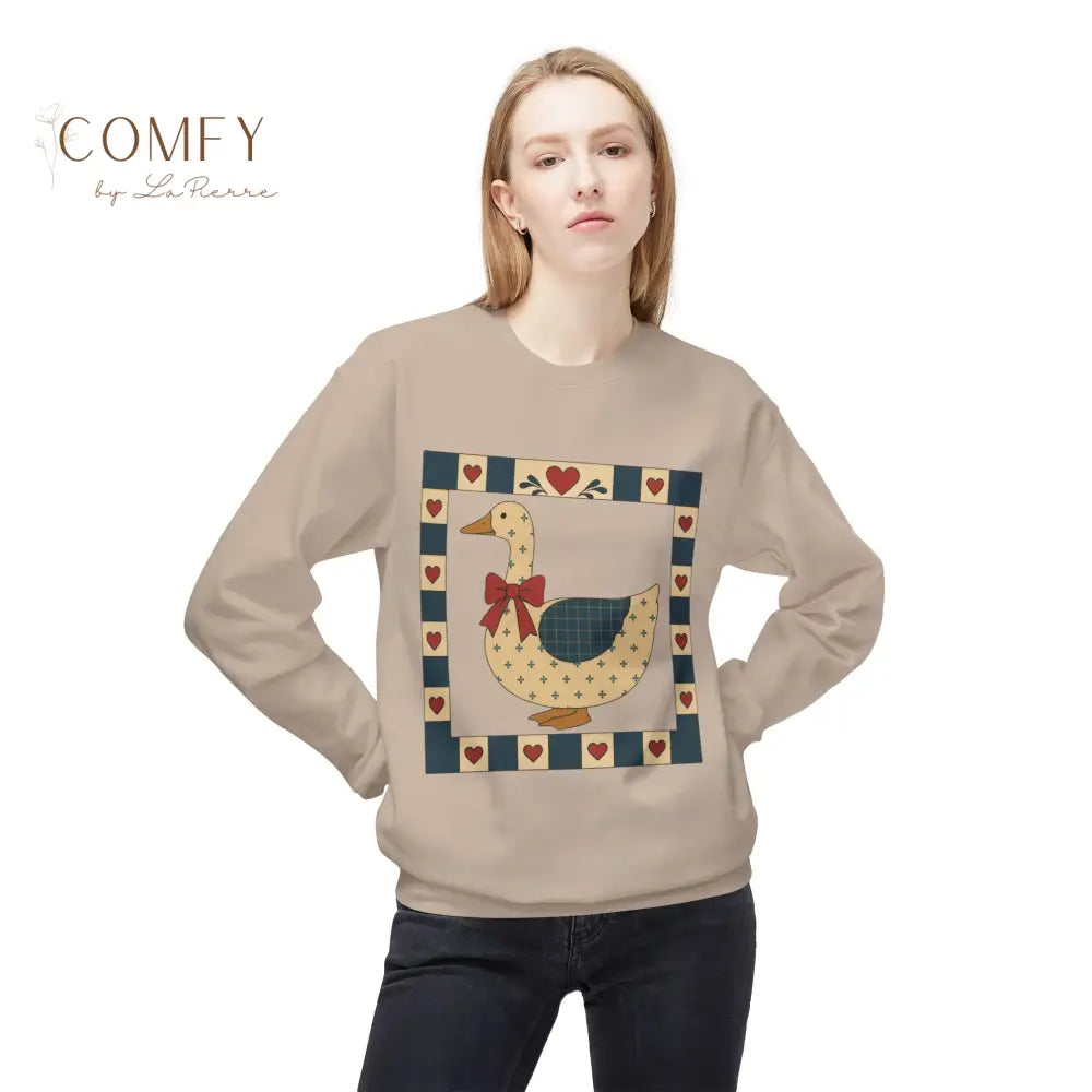 Vintage Folk Art Duck Sweatshirt • Patchwork Heart Duck Crewneck • Retro Country Cottagecore Pullover • Unisex Fleece