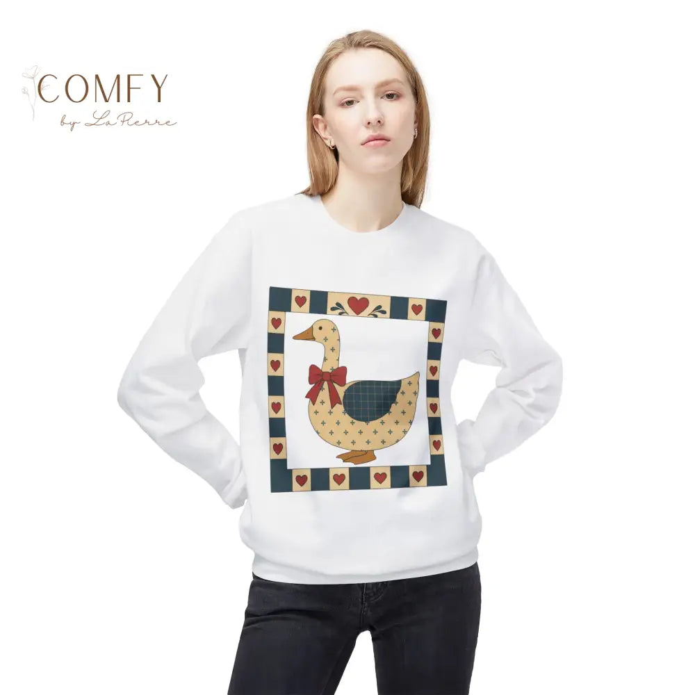 Vintage Folk Art Duck Sweatshirt • Patchwork Heart Duck Crewneck • Retro Country Cottagecore Pullover • Unisex Fleece