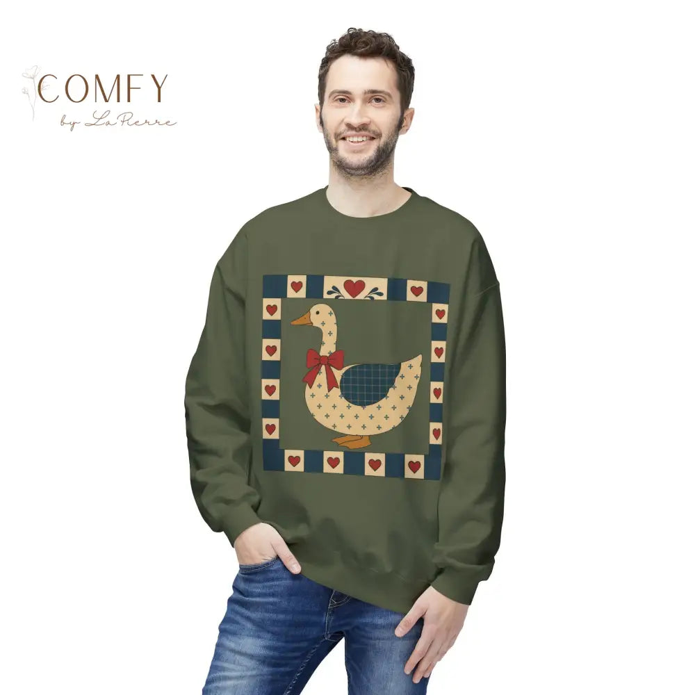 Vintage Folk Art Duck Sweatshirt • Patchwork Heart Duck Crewneck • Retro Country Cottagecore Pullover • Unisex Fleece