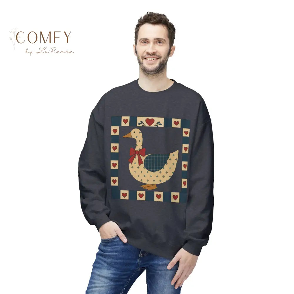 Vintage Folk Art Duck Sweatshirt • Patchwork Heart Duck Crewneck • Retro Country Cottagecore Pullover • Unisex Fleece