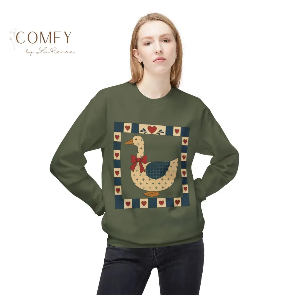Vintage Folk Art Duck Sweatshirt • Patchwork Heart Duck Crewneck • Retro Country Cottagecore Pullover • Unisex Fleece