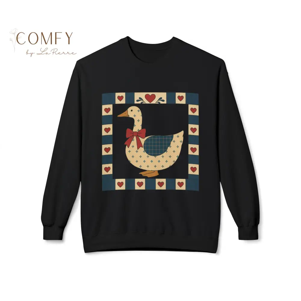 Vintage Folk Art Duck Sweatshirt • Patchwork Heart Duck Crewneck • Retro Country Cottagecore Pullover • Unisex Fleece