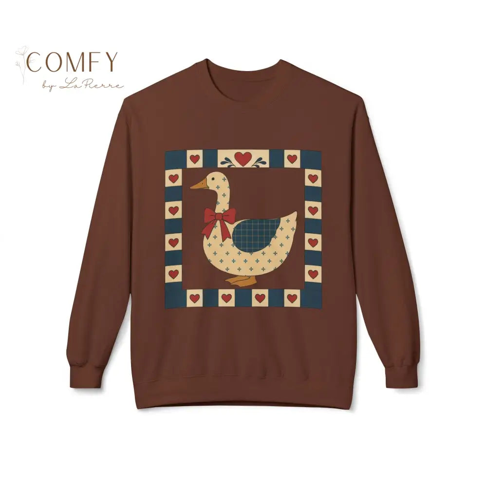 Vintage Folk Art Duck Sweatshirt • Patchwork Heart Duck Crewneck • Retro Country Cottagecore Pullover • Unisex Fleece