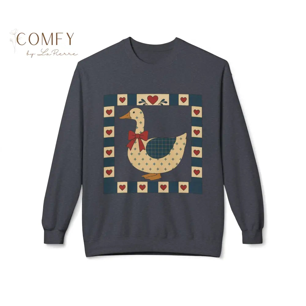 Vintage Folk Art Duck Sweatshirt • Patchwork Heart Duck Crewneck • Retro Country Cottagecore Pullover • Unisex Fleece