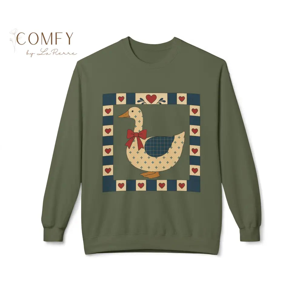 Vintage Folk Art Duck Sweatshirt • Patchwork Heart Duck Crewneck • Retro Country Cottagecore Pullover • Unisex Fleece