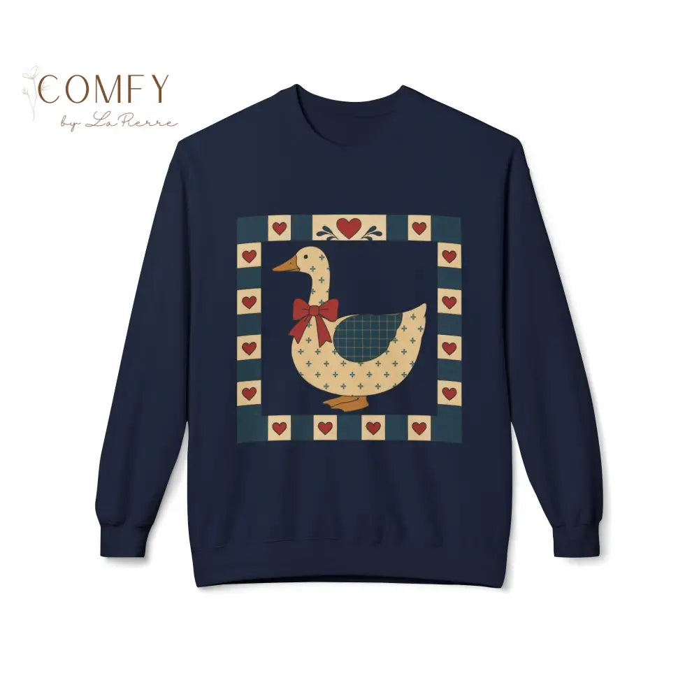 Vintage Folk Art Duck Sweatshirt • Patchwork Heart Duck Crewneck • Retro Country Cottagecore Pullover • Unisex Fleece