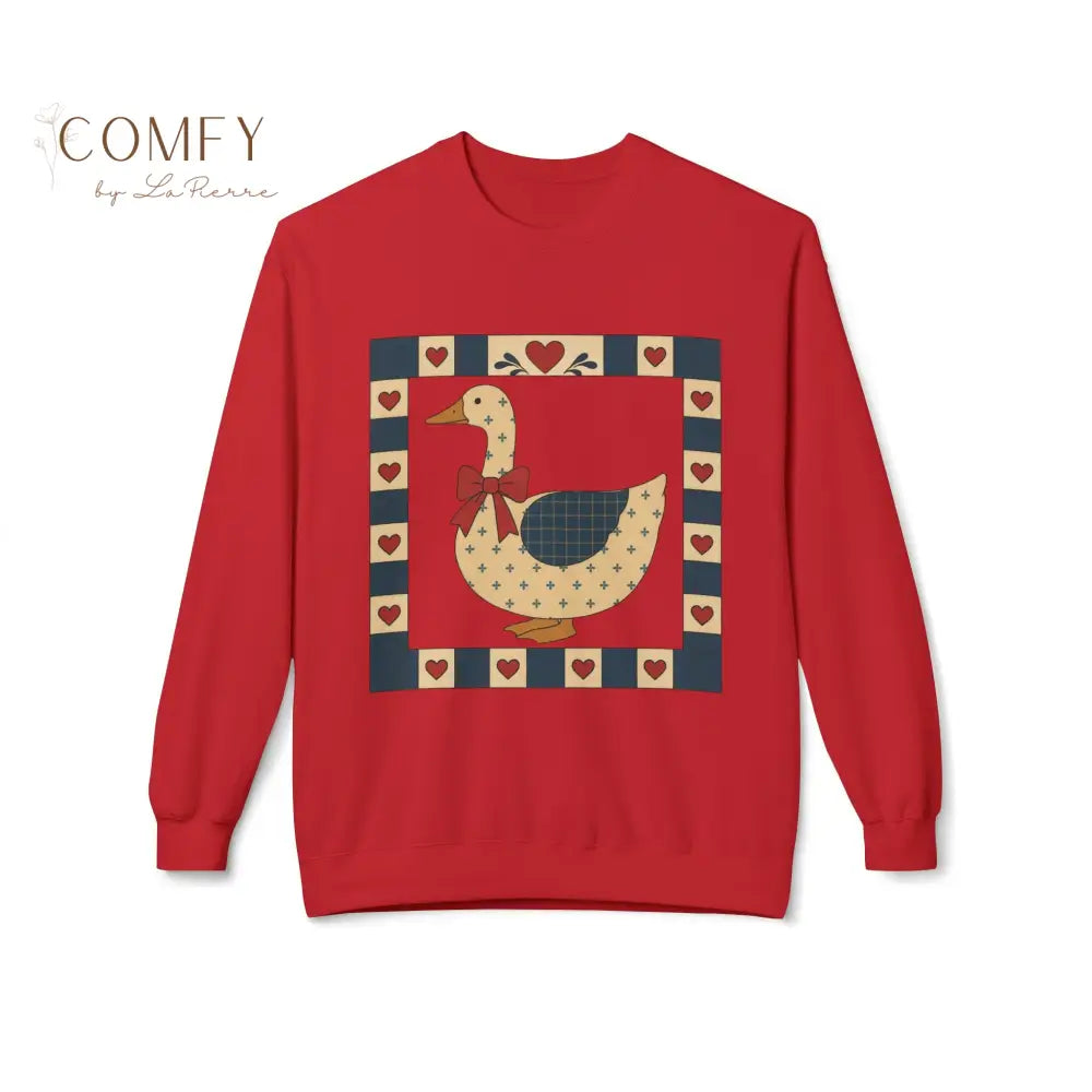 Vintage Folk Art Duck Sweatshirt • Patchwork Heart Duck Crewneck • Retro Country Cottagecore Pullover • Unisex Fleece