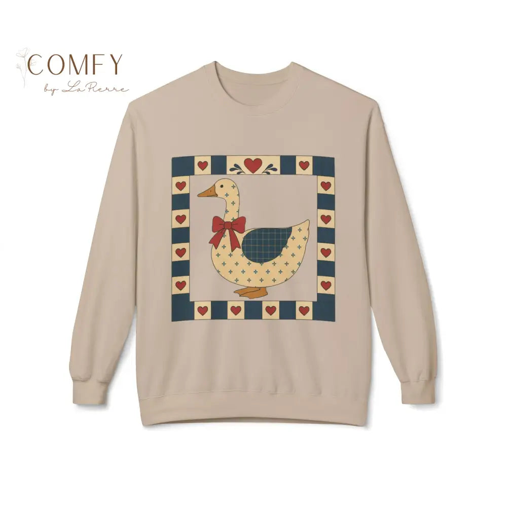 Vintage Folk Art Duck Sweatshirt • Patchwork Heart Duck Crewneck • Retro Country Cottagecore Pullover • Unisex Fleece