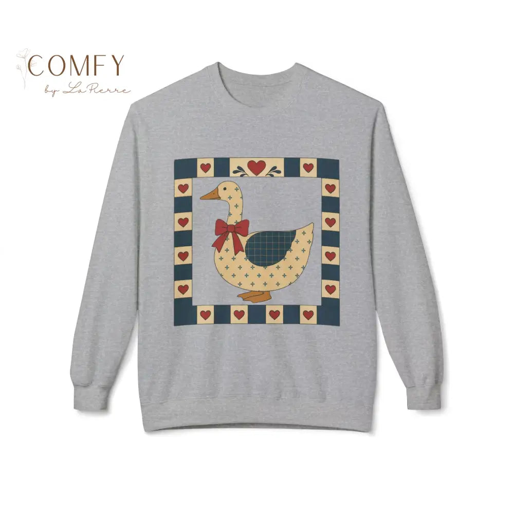 Vintage Folk Art Duck Sweatshirt • Patchwork Heart Duck Crewneck • Retro Country Cottagecore Pullover • Unisex Fleece