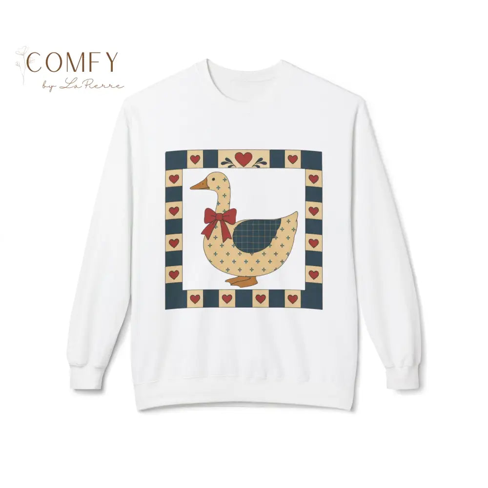 Vintage Folk Art Duck Sweatshirt • Patchwork Heart Duck Crewneck • Retro Country Cottagecore Pullover • Unisex Fleece