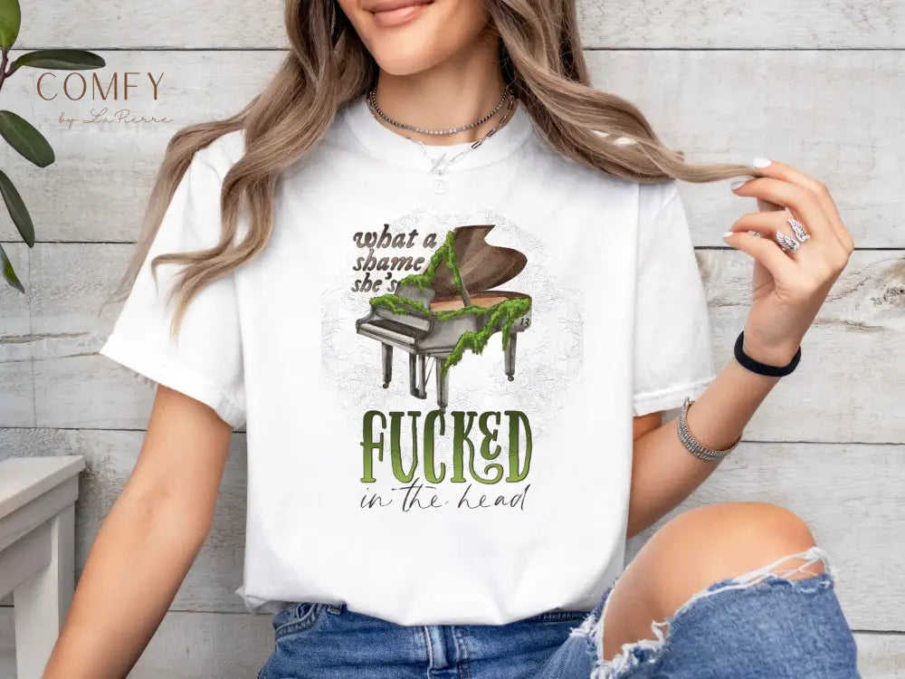 “What a Shame She’s F*cked in the Head” Graphic Tee • Bold Dark Humor Shirt • Unisex Jersey Short Sleeve T-Shirt