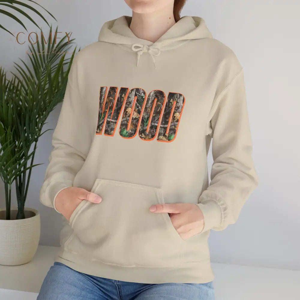 ’Wood’ Graphic Hoodie — Rustic Forest Text Design Unisex Gildan Hoodie (S-5XL) Hoodie