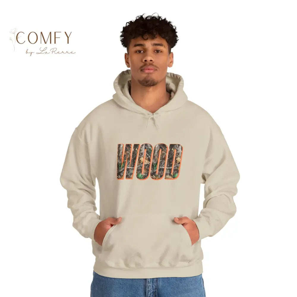 ’Wood’ Graphic Hoodie — Rustic Forest Text Design Unisex Gildan Hoodie (S-5XL) Hoodie