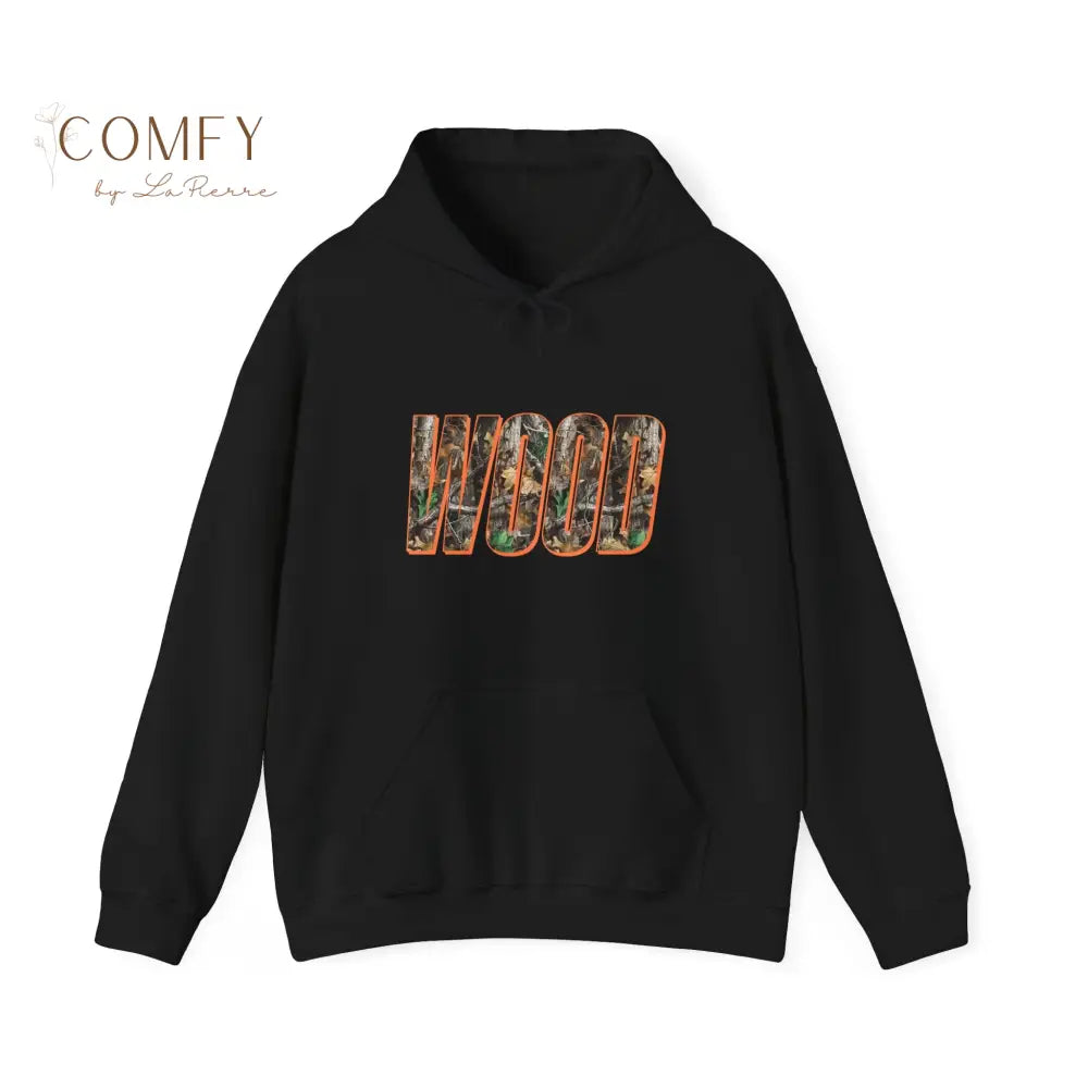 ’Wood’ Graphic Hoodie — Rustic Forest Text Design Unisex Gildan Hoodie (S-5XL) S / Black Hoodie