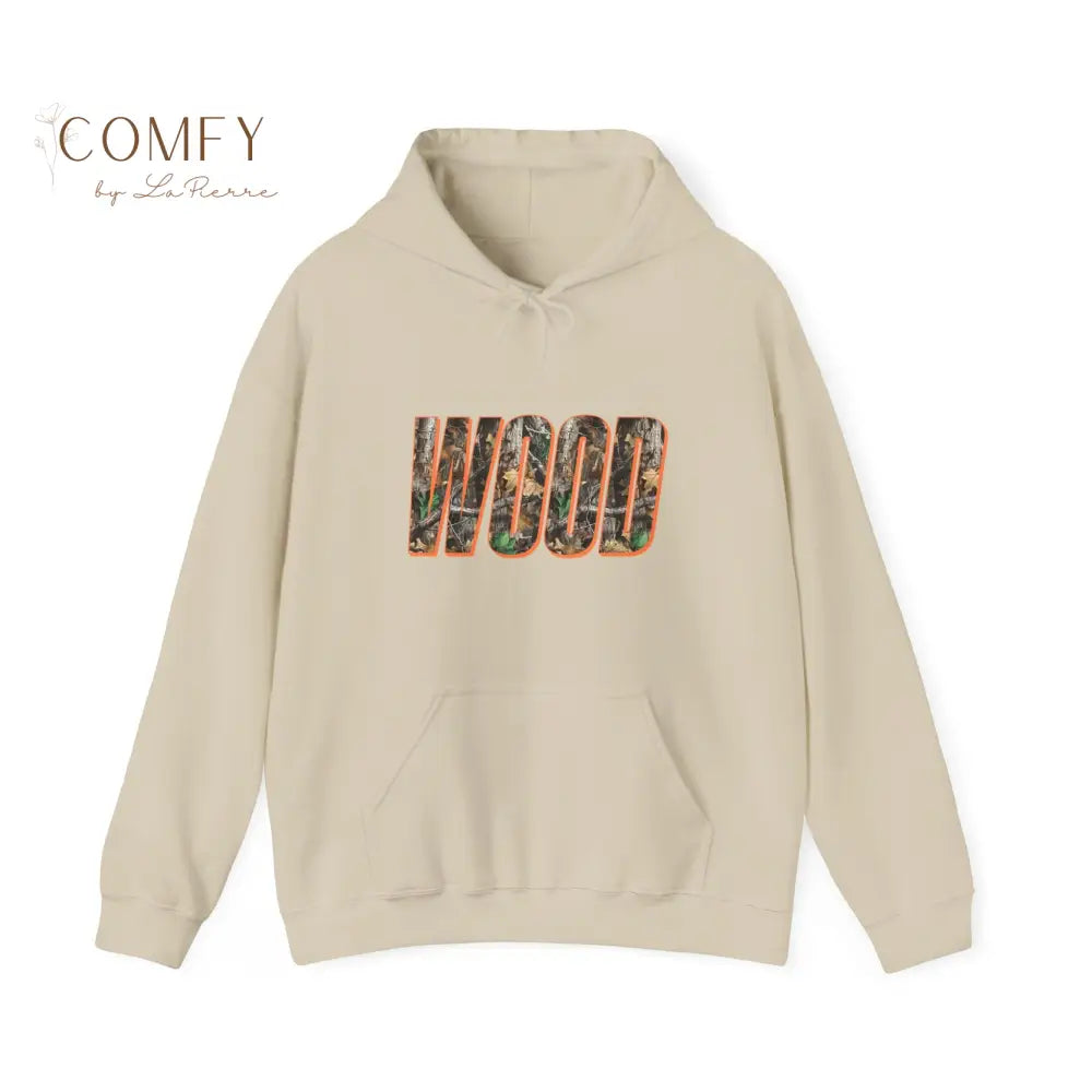 ’Wood’ Graphic Hoodie — Rustic Forest Text Design Unisex Gildan Hoodie (S-5XL) S / Sand Hoodie