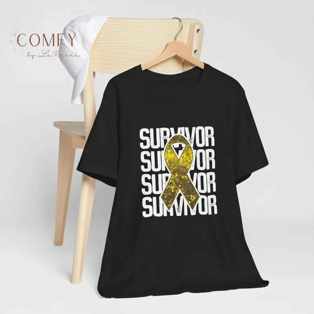 Yellow Ribbon Cancer Survivor Shirt • Sarcoma Awareness Tee • Unisex Jersey Short Sleeve T-Shirt (XS–5XL) Black / XS
