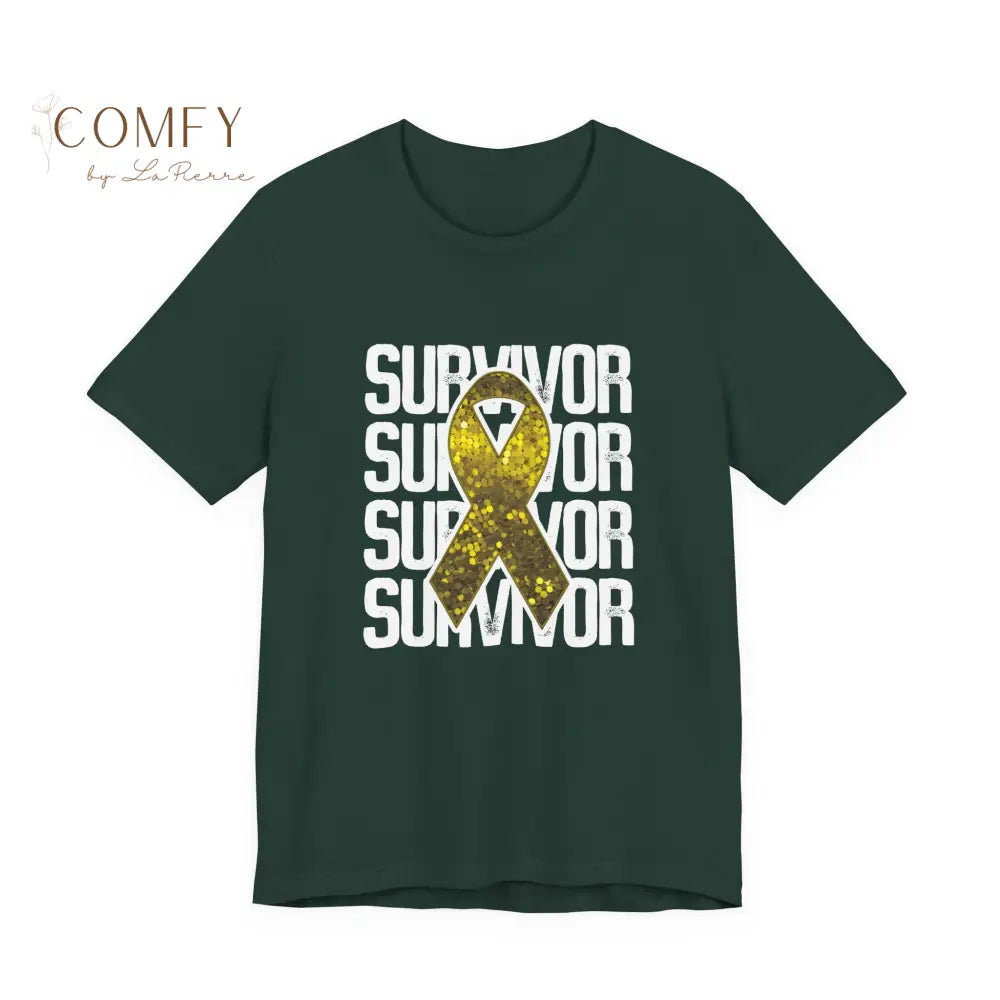 Yellow Ribbon Cancer Survivor Shirt • Sarcoma Awareness Tee • Unisex Jersey Short Sleeve T-Shirt (XS–5XL) Forest / S