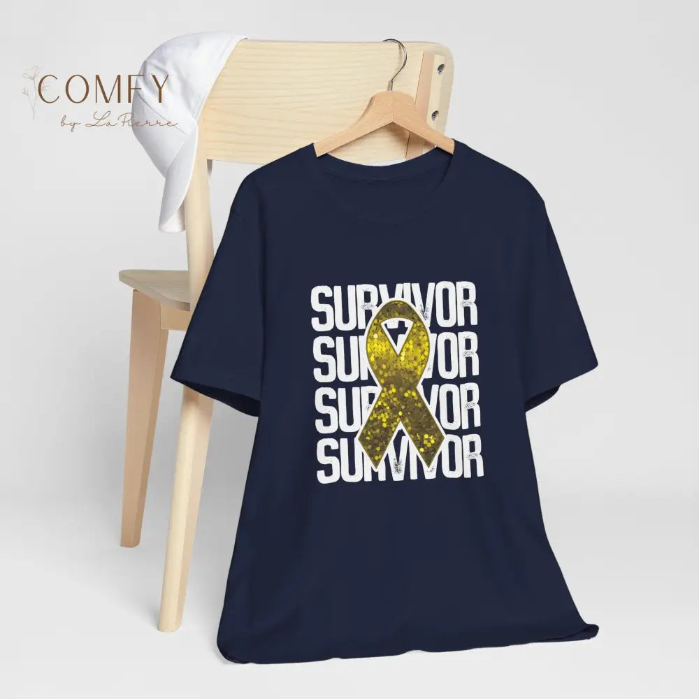 Yellow Ribbon Cancer Survivor Shirt • Sarcoma Awareness Tee • Unisex Jersey Short Sleeve T-Shirt (XS–5XL) Navy / S